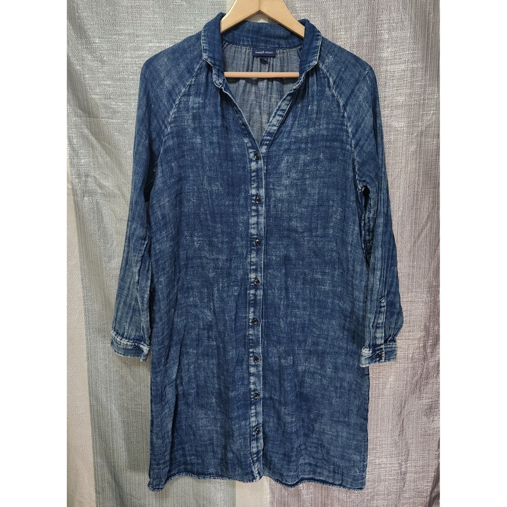 Pure Jill Indigo Blue Wash Cotton Long Sleeve Button Down Tunic Dress S Western